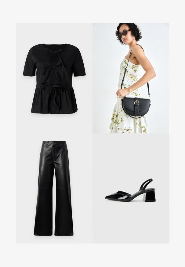 Must have lühikeste varrukatega must topp, ümmarguse kaelusega, millel on ees kaelaehe ja kogunenud peplum alläär. Sile tekstuur.; Mustad talje laiad jalad kunstnahast püksid esipaneeli nööbi ja lukuga, vöödega ja küljetaskutega valge tausta peal.; Mustad musta lakknahk kingad, millel on terav varvas ja geomeetriline plokkkonts. Omab elegantselt minimalistlikku disaini ja sujuvat tekstuuri.; Mustmust mustraha kõverate joontega, eemaldatava rihmaga ja kuldsete detailidega. Kotil on klapp, millel on pandladetail.