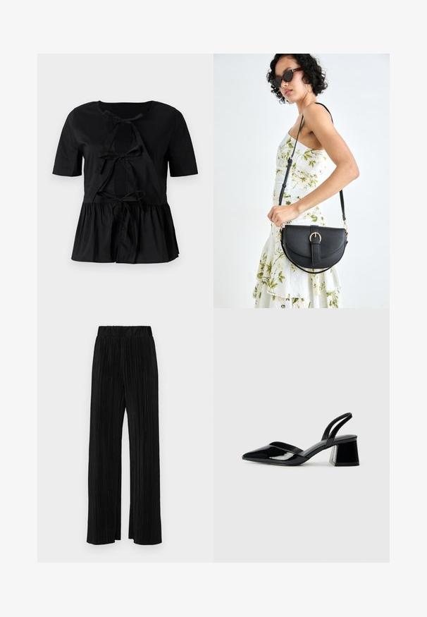 Top corto nero a maniche corte con collo tondo, caratterizzato da un dettaglio a fiocco sul davanti e un orlo a peplo arricciato. Tessuto morbido.; Pantaloni neri a plissé con vita elasticizzata. Presentano gamba ampia e un tessuto liscio e texture con strisce verticali.; Décolleté in vernice nera con punta affusolata e tacco in geometria cubica. Presentano un design elegante e minimalista, con una texture liscia.; Borsa a tracolla nera in pelle con una forma curva, manico rimovibile e accessori dorati. La borsa presenta una patta con un dettaglio a fibbia.