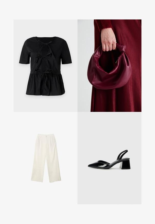 Top corto nero a maniche corte con collo tondo, caratterizzato da un dettaglio a fiocco sul davanti e un orlo a peplo arricciato. Tessuto morbido.; Pantaloni a gamba larga in tessuto crema con una texture liscia, caratterizzati da un singolo bottone frontale, pieghe sottili e un design a vita alta.; Décolleté in vernice nera con punta affusolata e tacco in geometria cubica. Presentano un design elegante e minimalista, con una texture liscia.; Borsa in pelle bordeaux con un design morbido e arricciato e una forma arrotondata. Il manico è fissato, mostrando una texture liscia.