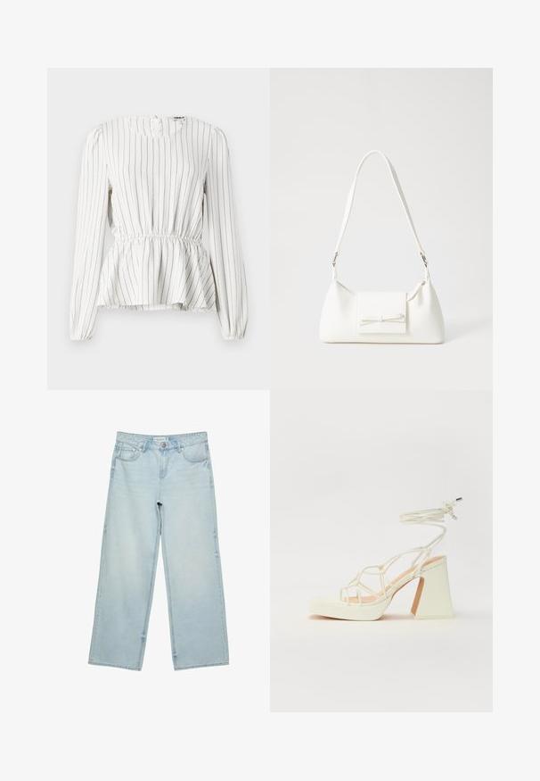 Blusa bianca a maniche lunghe con strisce nere verticali, vita arricciata, scollo rotondo e polsini elasticizzati. Tessuto leggero con una consistenza morbida.; Jeans a gamba larga di un blu chiaro in denim, con vita alta, cinque tasche e un leggero sbiadimento. Taglio dritto con bordi orlati.; Sandalo bianco con tacco alto, caratterizzato da un design a cinturini e un legaccio alla caviglia. Texture liscia con una piattaforma frontale per un'altezza aggiuntiva.; Borsa sintetica bianca a forma triangolare, con patta anteriore piatta e dettaglio a fiocco, tracolla regolabile, texture liscia e design minimalista.