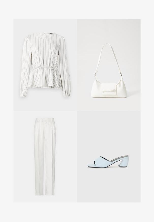 Blusa blanca de manga larga con rayas verticales negras, cintura fruncida, escote redondo y puños elásticos. Tejido ligero con textura suave.; Pantalones blancos a rayas con un diseño de pierna recta, hechos de una tela ligera. Presenta pliegues en la parte delantera y una cinturilla tradicional.; Mules de tacón abierto en azul claro con un diseño geométrico, que cuentan con una amplia tira en el empeine y un tacón grueso y angular.; Bolso sintético blanco con forma triangular, tapa frontal plana y detalle de lazo, correa ajustable, textura suave y diseño minimalista.