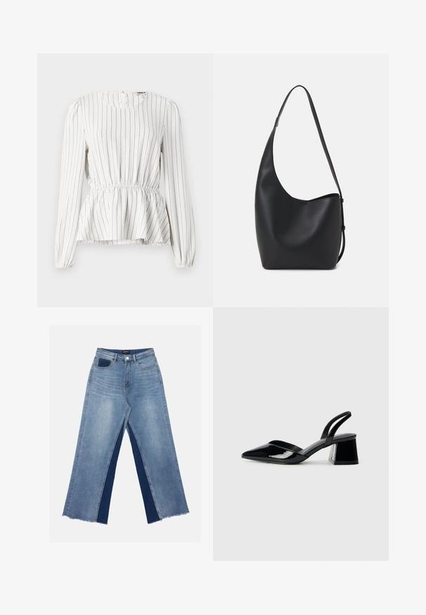 Bluză albă cu mâneci lungi, cu dungi verticale negre, talie strânsă, decolteu rotund și manșete elastice. Material ușor, cu textură moale.; Jeans de culoare albastru deschis, cu picioare largi, care prezintă panouri contrastante de culoare albastru închis, margini tocite și o talie standard cu închidere printr-un buton metalic.; Pantofi cu toc slingback din piele lacuită neagră, cu vârf ascuțit și toc geometric. Prezintă un design elegant, minimalist și o textură netedă.; Geantă hobo din piele neagră, cu o textură netedă, formă curbată și un singur bretele ajustabil; are o deschidere largă în partea de sus.