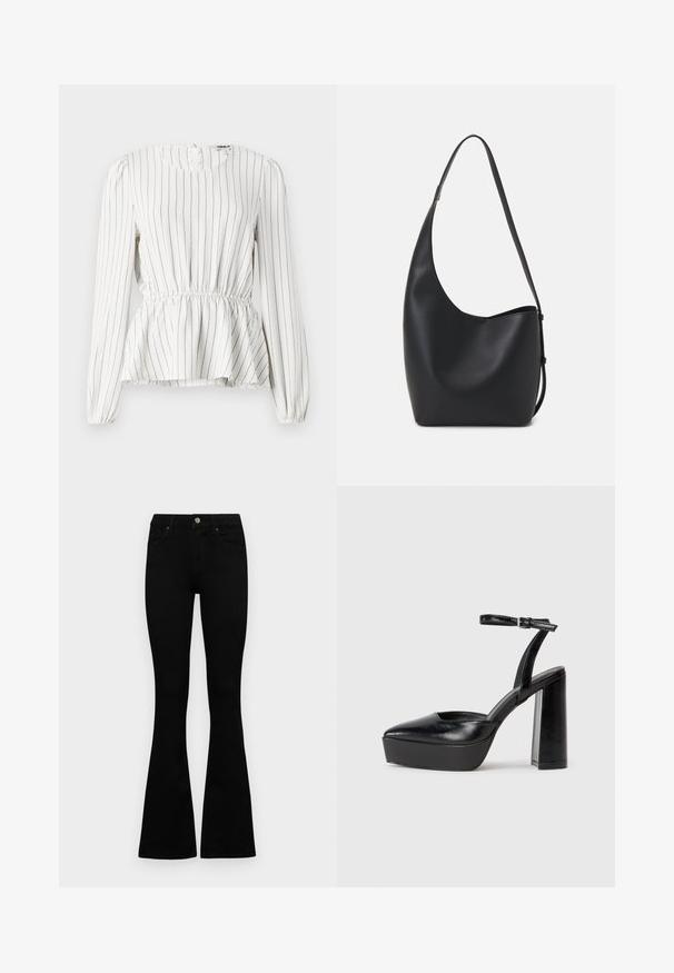 Valkoinen pitkähihais blouse, jossa on pystysuoria mustia raitoja, kerätty vyötärö, pyöreä kaula-aukko ja joustavat hihat. Kevyt kangas, jossa on pehmeä rakenne.; Mustat korkeavyötäröiset farkut nappi- ja vetskariyläosalla, etutaskuilla ja levenevillä lahkeilla, asetettuna tasaisesti valkoista taustaa vasten.; Mustat korkeat platform-kengät, joissa on terävä kärki ja säädettävä nilkkaremmi. Valmistettu sileästä nahasta ja varustettu paksulla lohkokorkeudella.; Musta nahkainen hobo-laukku, jossa on sileä pinta, kaareva muoto ja yksi säädettävä olkahihna; sisäänkäynti on leveä ylhäältä.