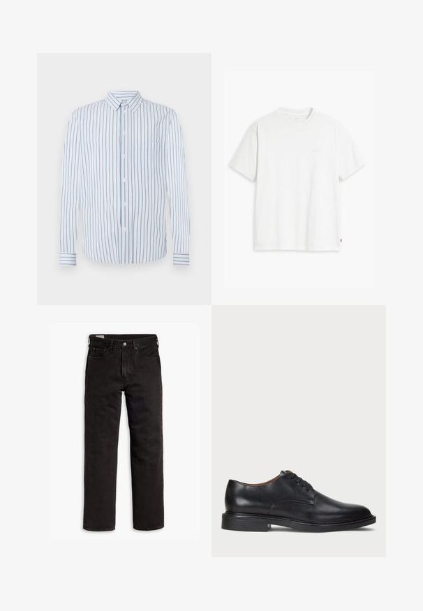Striped shirt featuring vertical light blue and white stripes, button front, and a single chest pocket. Long sleeves with buttoned cuffs.; White cotton t-shirt with short sleeves, round neckline, and a subtle "Levi's" logo printed in light color on the front.; Black straight-leg denim jeans with five pockets, button closure, and belt loops, laid flat on a white background.; Black leather dress shoe with a round toe, lace-up design, and a low stacked heel. Smooth texture with minimal stitching details.