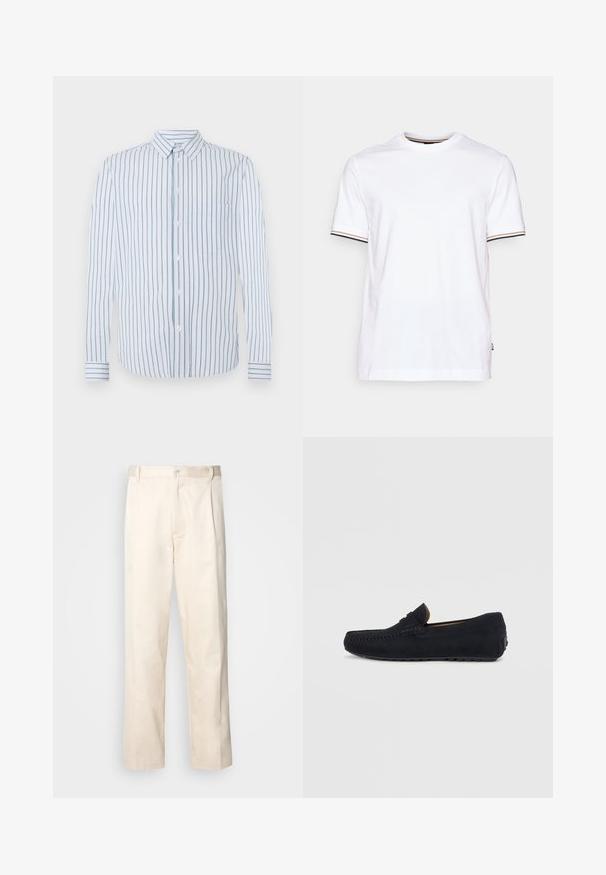 Raidallinen paita, jossa on pystysuorat vaaleansiniset ja valkoiset raidat, napit edessä ja yksi rintatasku. Pitkät hihat napillisilla hihansuilla.; Valkoinen puuvillapaita lyhyillä hihoilla. Vahvistettuna kontrastiväriset raidat hihansuissa ja ribattu pyöreä kaula-auko. Yksinkertainen muotoilu.; Vaaleanbeige puuvillahousut, joissa on suora lahje, varustettu nappisulkeisella ja etupuolella olevilla laskoksilla lisäyksinä.; Merenneito mokka loaferit, joissa on ommeltu yksityiskohtia, litteä kumipohja ja nahkasisus. Minimalistinen muotoilu, jossa on hillitty logo sivussa.