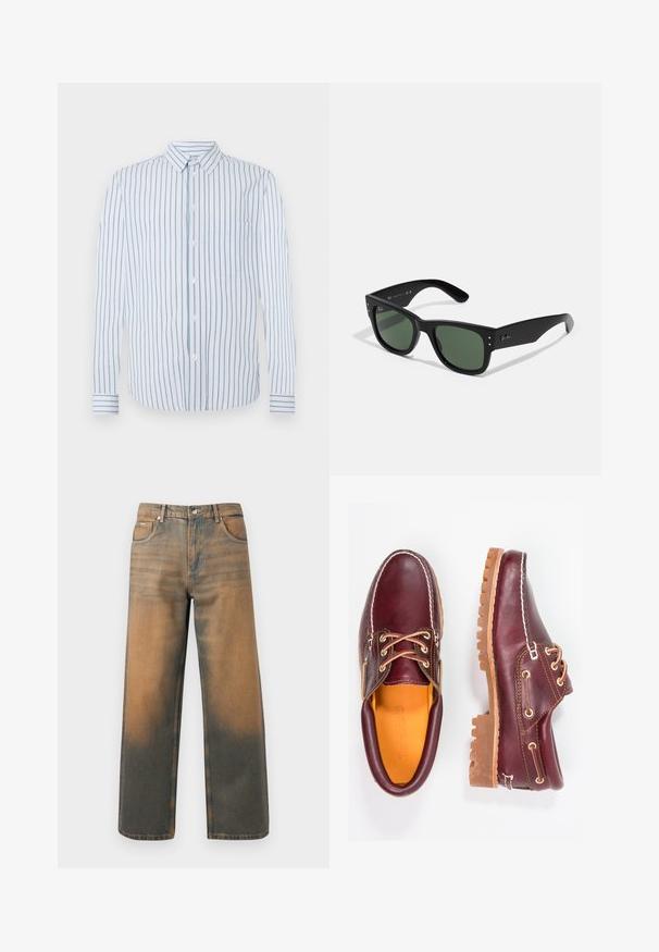 Gestreept shirt met verticale lichtblauwe en witte strepen, knoopsluiting aan de voorkant en een enkel borstzakje. Lange mouwen met knoopmanchetten.; Witte katoenen tanktop met een ronde halslijn, brede schouderbanden en een rechte zoom, met een gladde textuur en zonder zichtbare patronen.; Wijd-uitlopende jeans in verouderd blauw en bruin denim. Heeft een hoge taille, voorzakken en een klassieke knoopsluiting met metalen accenten.; Bordeaux leren schoenen met bruine rubberen zolen, ronde neus, witte stiksels en gouden veterogen. Het interieur heeft een gele voering.; Zwarte rechthoekige zonnebril met groene lenzen, matte afwerking, subtiele hardwareaccenten en een gegraveerd logo op de slaap.; Drie bandana's: één geel met zwarte patronen, één wit met zwarte ontwerpen en één zwart met witte afbeeldingen. Alle zijn vierkant en gemaakt van lichtgewicht stof.; Zwarte leren schoudertas met een klep, twee zilveren sluitingen, gele stiksels en een verstelbare schouderband. Beschikt over een gladde textuur en een compact ontwerp.