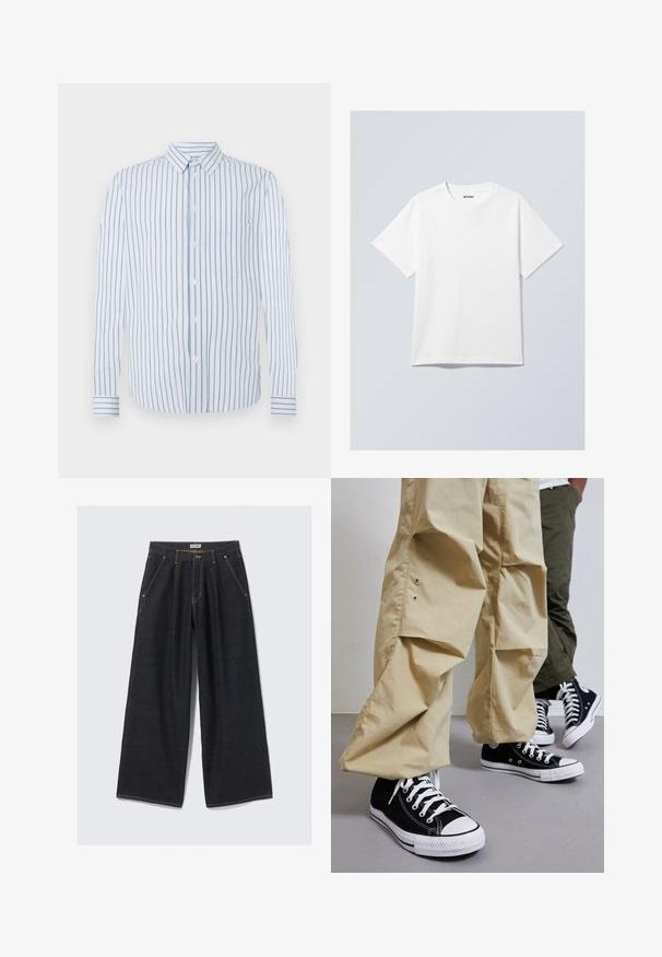 Gestreept shirt met verticale lichtblauwe en witte strepen, knoopsluiting aan de voorkant en een enkel borstzakje. Lange mouwen met knoopmanchetten.; Witte katoenen t-shirt met een ronde hals, korte mouwen en een losse pasvorm. Heeft een merklabel met de tekst "WEEKDAY" op de hals.; Donkerblauwe wijde jeans met plooien aan de voorkant, schuine zakken, riemlussen en een knoopsluiting bij de taille met het label "WEEKDAY."; Zwarte canvas high-top sneakers met witte rubberen zolen, gecombineerd met lichtbeige losse broek met zijzakken en een relaxte pasvorm.