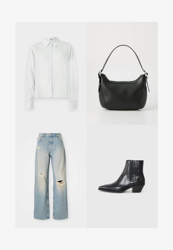 Valkoinen pitkähihaine napillinen paita, jossa on ohuita pystysuoria harmaita raitoja ja terävä kaulus, yksinkertaisella taustalla.; Harmaa hihaton poolopaita, vartalonmyötäinen istuvuus, ribbikuvio, sileä kangas, korkea kaula sekä tyylikkäät olkaleikkaukset.; Vaaleansiniset suorat farkut, joissa on korkea vyötärö, vyölenkit ja kuluneet repeämät vasemmassa reisissä, oikeassa polvessa ja vasemmassa alareidessä.; Musta nahkainen nilkk boot, jossa on terävä kärki, elastiset sivupaneelit pystyröytiä ja matala lohkarepohja. Sileä pinta ja tyylikäs muotoilu.; Musta nahkakäsilaukku, jossa on kaareva muoto, hopeinen vetoketju ja lyhyt kahva. Edessä on hienovarainen logo ja pinta on sileä.