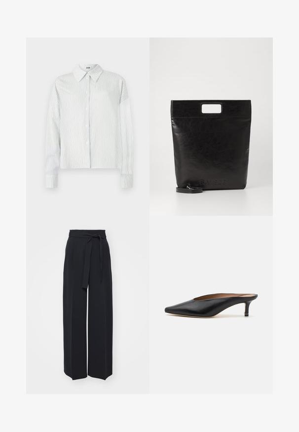 Witte overhemd met lange mouwen, knoopsluiting en dunne verticale grijze strepen, met een puntige kraag op een effen achtergrond.; Zwarte wijde broek van zachte stof. Voorzien van een ceintuur en plooien aan de voorkant. Glad textuur met een strakke, hedendaagse stijl.; Zwarte leren muiltjes met een puntige neus en een lage, blokhak. Glad oppervlak met een gestroomlijnd ontwerp. Open achterkant met minimale details.; Zwarte leren draagtas met een vierkant handvat, met een gestructureerde afwerking en een reliëflogo. Inclusief een afneembare schouderband.