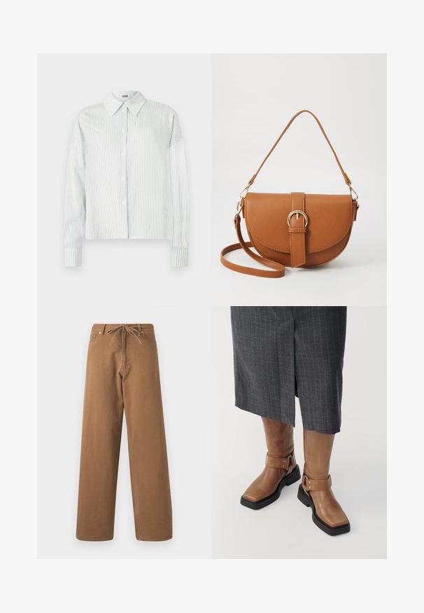 Bela srajca z dolgimi rokavi in gumbi, s tankimi navpičnimi sivimi črtami in špičastim ovratnikom na enobarvni podlagi.; Rjave hlače širokega kroja, izdelane iz bombaža, z elastičnim pasom na vrvico in dvema sprednjima žepoma. Tekstura blaga z gladko površino.; Rjave usnjene škornje do kolen s kvadratnim nosom, črnimi gumijastimi podplati in nastavljivim detajlom z zaponko. Oblečeni so z sivo krilnico s črtami.; Rjava usnjena torbica prek telesa s ukrivljeno obliko, zlate opreme in sponko. Ima odstranljiv naramni trak.