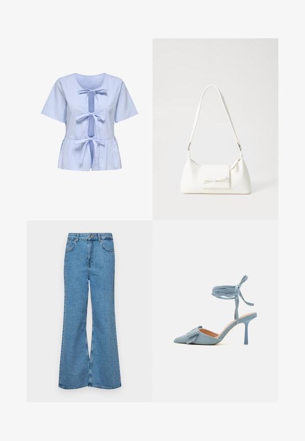 Striped short-sleeve blouse in light blue and white, featuring a scoop neck, tied front closure, and a peplum hem. Soft cotton fabric.; Light blue flared jeans made of denim, featuring a high waist, five pockets, and a single button closure. Soft texture with faded finish.; Pointed-toe high heel shoe in light blue fabric with a textured finish, featuring a bow accent and ankle strap for secure fit.; White synthetic handbag with a triangular shape, flat front flap and bow detail, adjustable strap, smooth texture, and minimalistic design.
