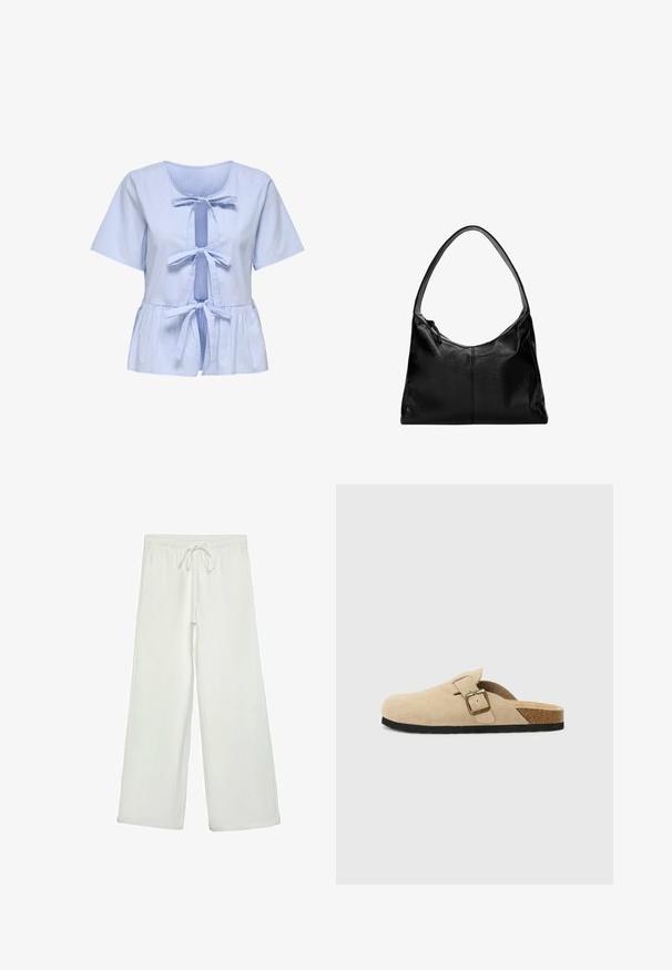 Gestreifte Kurzarmbluse in Hellblau und Weiß, mit einem Rundhalsausschnitt, gebundenem Vorderverschluss und einem Peplumsaum. Aus weichem Baumwollstoff.; Weiße, weit geschnittene Hose aus weichem Stoff. Mit einem elastischen Bund und einem Kordelzug sowie einer glatten Oberfläche. Keine sichtbaren Muster oder Hardware.; Beige Wildleder-Slipper mit einem Korkfußbett, runder Zehenpartie und einem einfachen Riemen mit einer goldfarbigen Schnalle. Gummi-Sohle für besseren Halt.; Schwarze Leder-Umhängetasche mit glatter Textur, geschwungenem oberen Rand und einem einzigen Tragegurt. Sie verfügt über einen Reißverschluss und ein minimalistisches Design.