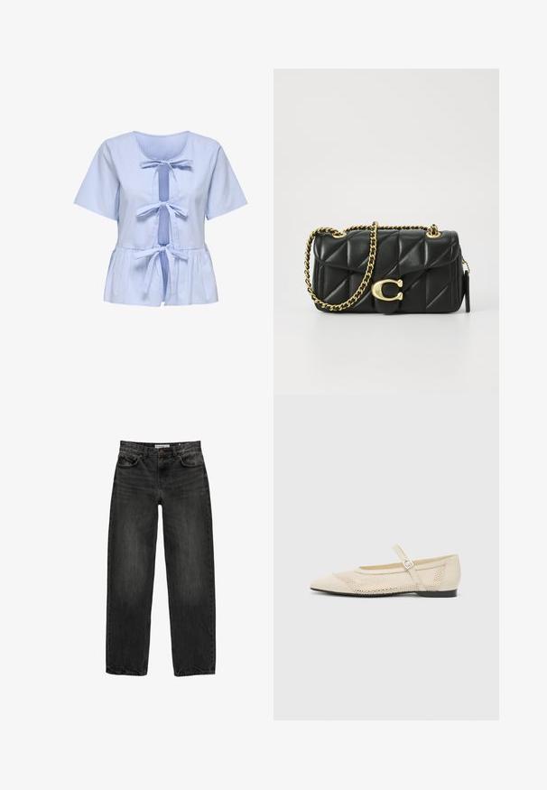 Gestreepte blouse met korte mouwen in lichtblauw en wit, met een ronde hals, gestrikte sluiting aan de voorkant en een peplum-zoom. Zachte katoenen stof.; Zwarte denim jeans met een relaxte pasvorm, rechte pijpen, vijf-pocket ontwerp en een licht vervaagde textuur. Knop- en ritssluiting aan de voorkant.; Beige ballerina's met een spitse neus, een overlay van gaasontwerp en een zijgesp voor het vastzetten. Platte zool met een gladde textuur.; Zwarte gewatteerde leren handtas met een gouden kettingschouderband en een toggle-sluiting met een rond accent. Compacte rechthoekige vorm.