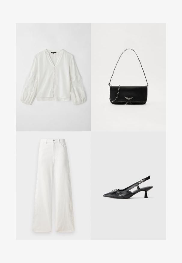 Balta blūze ar V-veida kakla izgriezumu, pogu aizdari un caurspīdīgām, izšūtām garām piedurknēm, kurām ir viļņota rakstā un tekstūras akcenti.; Baltās platās džinsās izgatavotas no denima, kurām ir sānu izšuvumu raksti un tradicionālā piecu kabatu dizains. Ar rāvējslēdzēju un pogu.; Melnas ādas šlipsveida kurpes ar norādītu purngalu, dekoratīvām joslām ar metāla acīm un zemu bloku papēdi. Teksturēta virsma.; Melnas ādas rokassomā ar sudraba ķēdes siksnu, kurai ir dekoratīvi spārnu akcenti un baltā šuvēšana apakšējā šuvē.