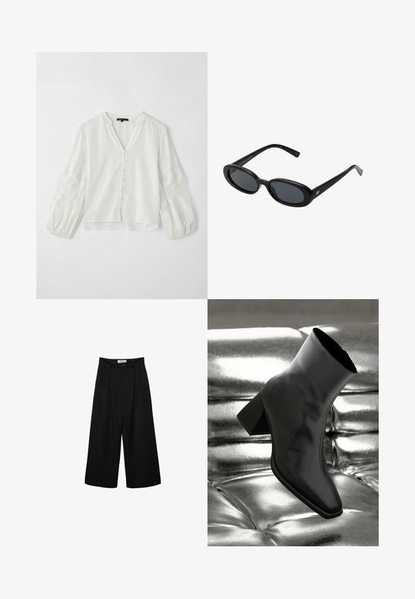 Biała bluzka z dekoltem w kształcie litery V, z zapięciem na guziki oraz przezroczystymi, haftowanymi długimi rękawami z falistym wzorem i teksturowanymi akcentami.; Czarne spodnie szerokie nogawki z wysokim stanem, z plisowanym przodem i zapięciem na guzik. Wykonane z gładkiego materiału o dopasowanym kroju.; Czarne botki za kostkę wykonane z błyszczącego materiału, z kwadratowym noskiem i zwężającym się obcasem, na tle błyszczącego srebrnego tapicerowanego tła.; Czarne, oversize okulary przeciwsłoneczne z owalnymi soczewkami, gładkim plastikowym mostkiem i złotymi akcentami na zausznikach. Ciemne soczewki zapewniają ochronę przed słońcem.