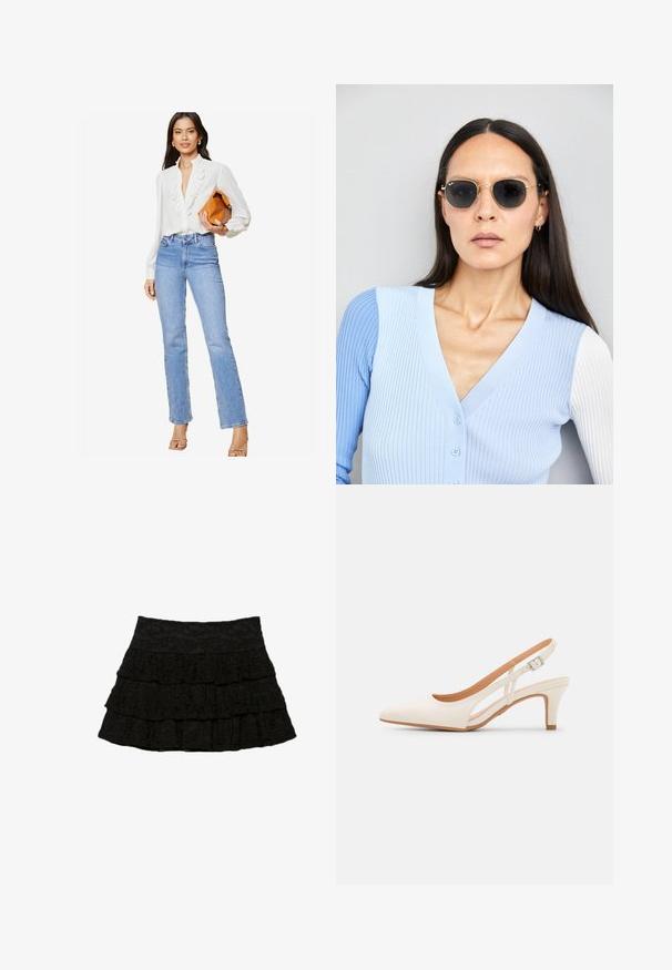 Lipsy REGULAR FIT-RUFFLE PLACKET - Button-down blouse - white; Black tiered skirt featuring three layers of ruffles with a textured floral pattern. Elastic waistband for comfort and fit.; White slingback heel with a pointed toe, smooth upper material, low block heel, and side cut-out design with adjustable buckle strap.; Round sunglasses with dark lenses and gold frames. The model wears a light blue, ribbed cardigan with buttons and contrast white sleeves.; Michael Kors wristlet in beige coated canvas featuring a repeating MK logo pattern, gold hardware, and a detachable chain strap.
