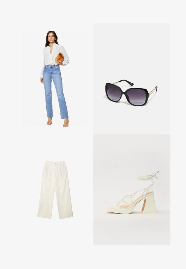Lipsy REGULAR FIT-RUFFLE PLACKET - Camicia - white; Pantaloni a gamba larga in tessuto crema con una texture liscia, caratterizzati da un singolo bottone frontale, pieghe sottili e un design a vita alta.; Sandalo bianco con tacco alto, caratterizzato da un design a cinturini e un legaccio alla caviglia. Texture liscia con una piattaforma frontale per un'altezza aggiuntiva.; Occhiali da sole neri oversize con lenti sfumate, montatura spessa e dettagli in catena dorata sulle astine.; Borsa a mano bianca strutturata con manici corti e tracolla, dotata di dettagli in metallo dorato e materiale testurizzato, esposta su uno sfondo grigio.