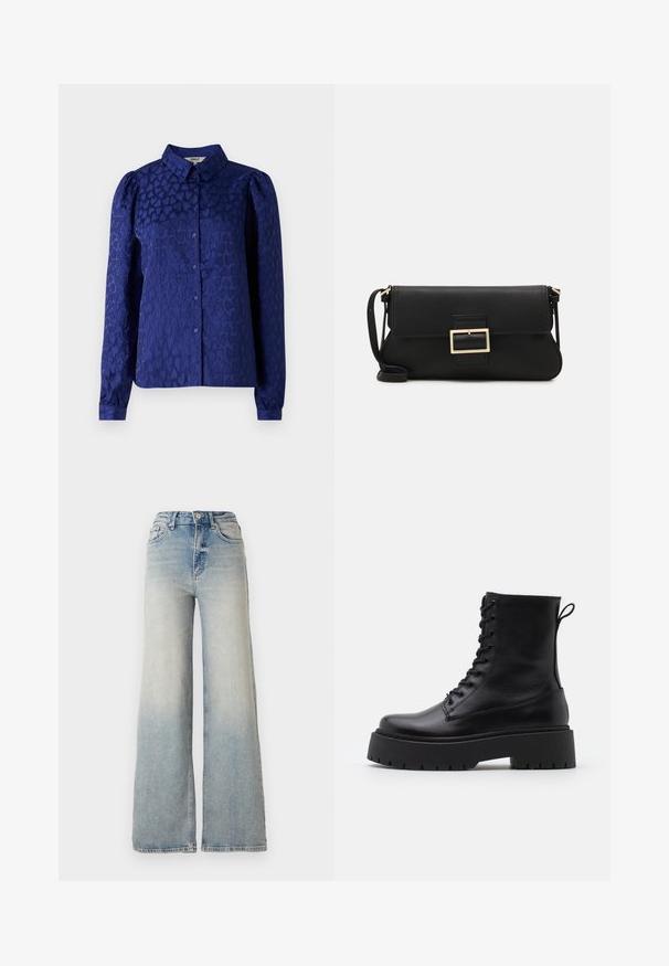 Blusa blu navy con motivo a cuori textured, colletto classico, maniche lunghe con polsini a bottone e chiusura frontale a bottoni.; Jeans ampi di colore blu chiaro in denim, con vita alta, cinque tasche e cuciture visibili lungo le cuciture.; Stivaletti in pelle nera alla caviglia con punta rotonda, lace-up frontale e suola in gomma spessa con battistrada textured. Tassello sul retro.; Borsa a mano in pelle nera con patta e dettaglio in metallo dorato. Include una tracolla nera e un design elegante e minimalista.; Orecchini a cerchio color oro, sottili e rotondi, con una finitura metallica liscia e senza decorazioni o motivi.