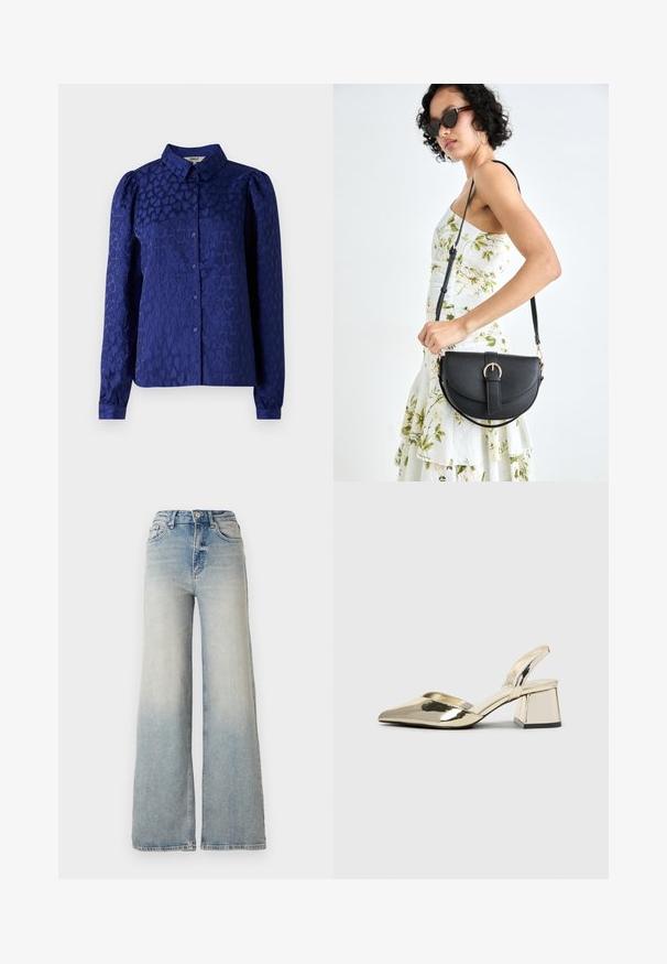 Námořnická modrá blůza s texturovaným vzorem srdce, klasickým límcem, dlouhými rukávy s knoflíkovými manžetami a předním zapínáním na knoflíky.; Svetlomodré džínsy s širokými nohavicami vyrobené z denimu, s vysokým pásom, piatimi vreckami a viditeľnými stehmi pozdĺž švov.; Zlaté kovové lodičky na podpätku so špicatou špičkou a robustným podpätkom. Hladký povrch, minimalistický dizajn a úzka remienok.; Čierna kožená kabelka s zaobleným tvarom, odnímateľným popruhom a zlatými doplnkami. Kabelka má klopu s detailom s prackou.