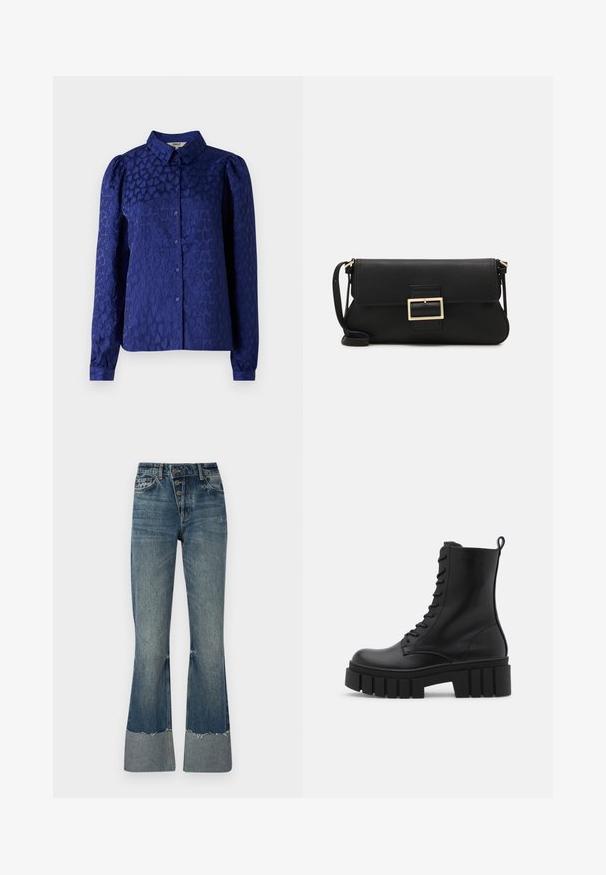 Bluză bleu marin cu un model texturat în formă de inimă, guler clasic, mâneci lungi cu mansete cu nasturi și închidere frontală cu nasturi.; Jeans din denim evazati de culoare albastru mediu, cu talie înaltă, cinci butoane și tiv destrămat. Dispune de un tiv mai deschis la baza și o textură estompată.; Botine negre din piele cu talpă masivă și zimțată, cu sistem de șireturi și cârlig pentru tragere, pe fundal alb. ; Geantă de mână din piele neagră, cu clapetă și un detaliu din metal auriu. Include o curea neagră și un design elegant, minimalist.; Cercei cercuri din aur cu un finisaj neted și strălucitor. Design circular cu un mic suport și un spate transparent pentru o purtare sigură.