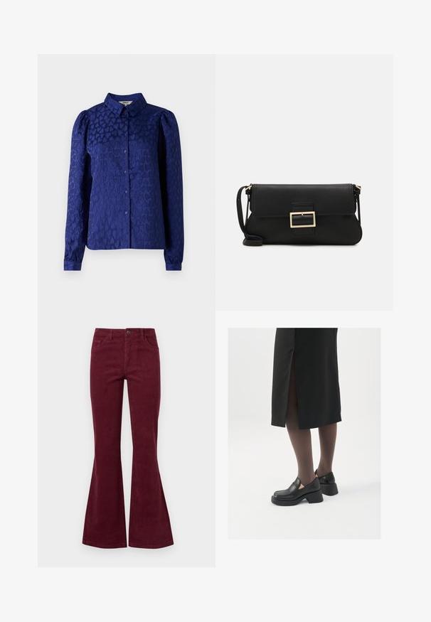 Tengerészkék blúz texturált szív mintával, klasszikus gallérral, hosszú ujjakkal, gombos mandzsettával és elöl gombos záródással.; Bordó kordbársony széles szárú farmernadrág öt zsebel, elülső gombos záródással és texturált anyaggal. A széles szárak a térdtől a szegélyig terjednek.; Fekete bőr cipők lekerekített orral, vastag blokk sarkakkal és elasztikus oldalsó díszítésekkel, sötét harisnyával és hasítékkal ellátott fekete szoknyával párosítva.; Fekete bőr kézitáska hajtóka részlettel és aranyszínű fém csattal. Tartalmaz egy fekete pántot és egy letisztult, minimális dizájnt.