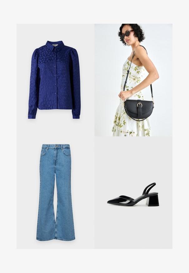 Námořnická modrá blůza s texturovaným vzorem srdce, klasickým límcem, dlouhými rukávy s knoflíkovými manžetami a předním zapínáním na knoflíky.; Svetlomodré rozšírené džínsy vyrobené z denimu, s vysokým pásom, piatimi vreckami a jednopoložkovým zapínaním na gombík. Mäkká textúra s vyblednutým povrchom.; Čierne lakované kožené sandálové podpätky s špicatou špičkou a geometrickým blokovým podpätkom. Disponujú elegantným, minimalistickým dizajnom a hladkým povrchom.; Čierna kožená kabelka s zaobleným tvarom, odnímateľným popruhom a zlatými doplnkami. Kabelka má klopu s detailom s prackou.