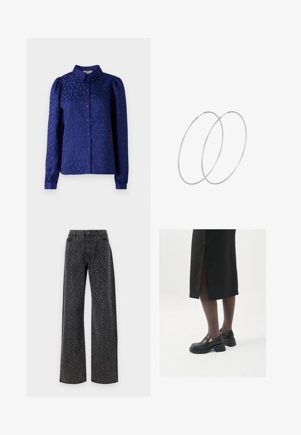 Granatowa bluzka z teksturowanym wzorem serca, klasycznym kołnierzykiem, długimi rękawami z mankietami na guziki oraz zapięciem na guziki z przodu.; Noisy May NMJANNEL czarny denim; Czarne skórzane buty z okrągłym noskiem, grubym blokowym obcasem i elastycznymi akcentami po bokach, zestawione z ciemnymi rajstopami i czarną spódnicą z rozcięciem.; Srebrne kolczyki w formie obręczy o minimalistycznym designie. Okrągły kształt, gładka faktura i cienki profil. Lekkie, z polerowanym wykończeniem.