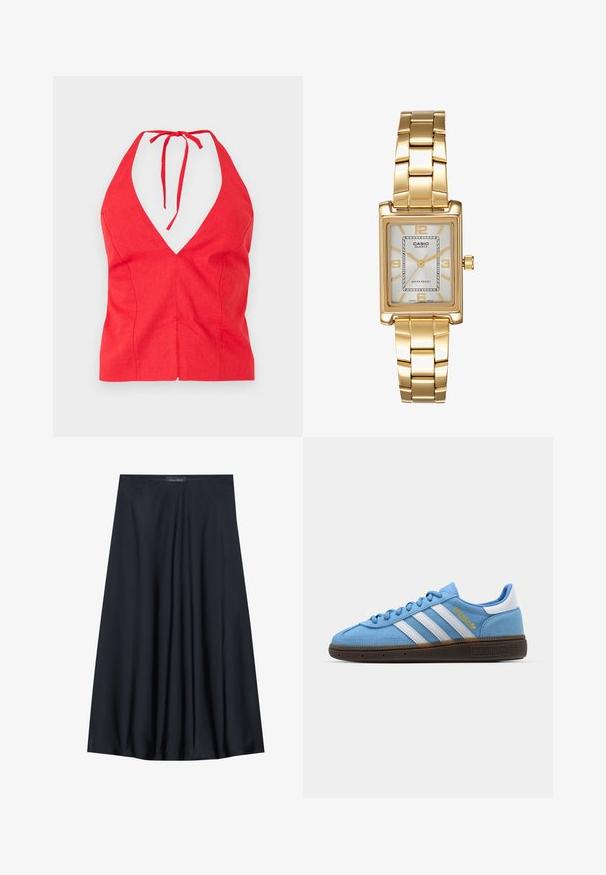 Sarkans halter tops ar dziļu V veida kakla izgriezumu, izgatavots no teksturēta auduma, ar sasaitētu kakla siksnu un pieguļošu piegriezumu ar priekšējo šuvju.; Melna, uz ceļa garuma svārku izgatavota no viegla auduma ar plūstošu dizainu. Ir gluda tekstūra un smalkas krokas papildu detaļām.; Gaiši zili zamšveidīgi sporta apavi ar baltām ādas strīpām, brūnu teksturētu zoli un zelta logotipu. Zema modeļa dizains ar noapaļotu purngalu.; Zelta tonis taisnstūra rokas pulkstenis ar balto ciparnīcu, sudraba tonis stundu rādītājiem un izturīgu metāla saiti. Iekļauta ūdens izturība.