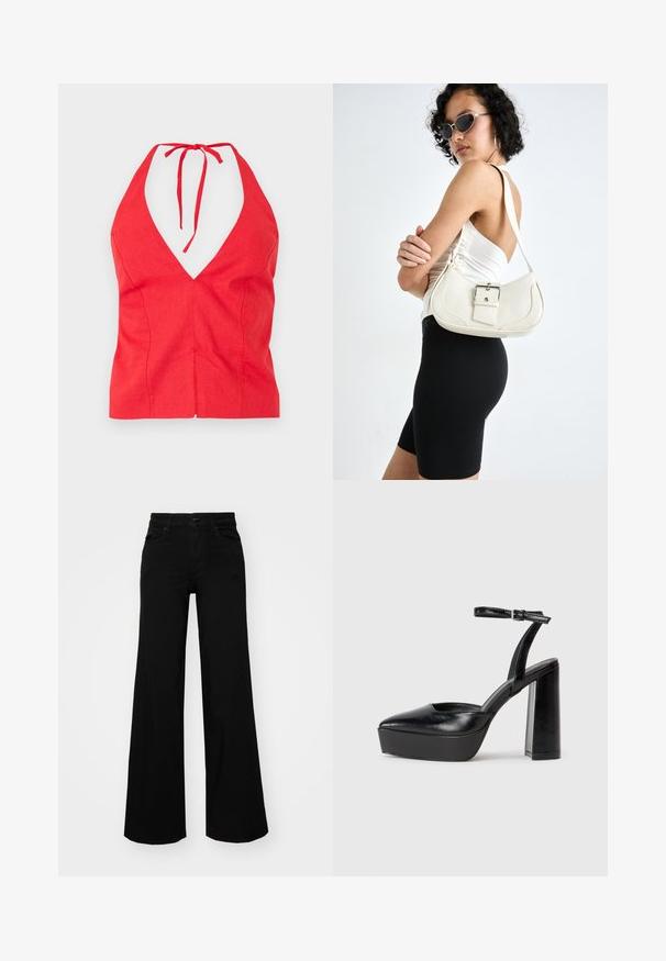 Rød halterneck topp med dyp V-hals, laget av strukturert stoff, med en knyttet nakkestropp og en tettsittende passform med søm foran.; Svart vide bukser laget av denim, med en strukturert midjebånd, beltestropper og frontlommer. Glatt tekstur med et klassisk design.; Sorte plattformhelter med spiss tå og justerbar ankelrem. Laget av glatt lær, med en robust blokkhel.; Hvit lær håndveske med en buet form, justerbar stropp og en liten spenne-detalj. Modellen har på seg en tettsittende svart antrekk.