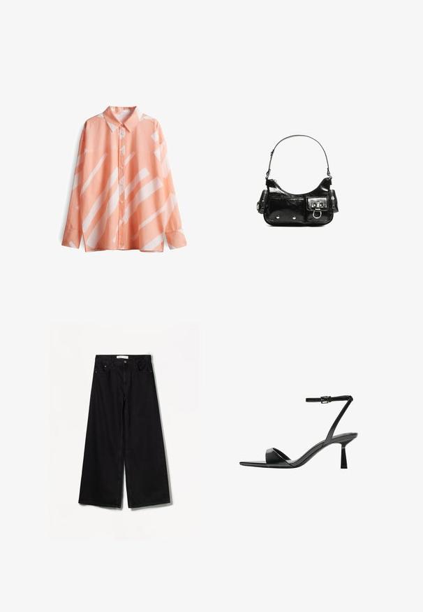 Camicia pesco con colletto, maniche lunghe e motivi geometrici bianchi. Tessuto morbido e leggero con una vestibilità rilassata.; Bershka WIDE-LEG - Wide Leg - black; Bershka Sandali con tacco - black; Borsa a spalla in vernice nera con forma curvata, una tracolla, tasche frontali e dettagli in metallo argentato.