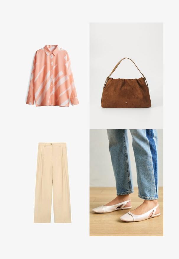 Perzikkleurig shirt met een kraag, lange mouwen en witte geometrische patronen. Zachte, lichte stof met een relaxte pasvorm.; Beige wijde broek gemaakt van een gladde stof, met voorplooien en een knoopsluiting bij de tailleband. Eenvoudig en op maat gemaakt ontwerp.; Zachtroze slingback ballerina's met een spitse neus, gemaakt van een glad leerachtig materiaal. Bevat uitsnijdingen aan de zijkanten en heeft een platte hak.; Bruine suède handtas met een geplooid ontwerp, voorzien van een enkele tan kleur leren schouderband en een subtiele gouden logo-detail aan de voorkant.