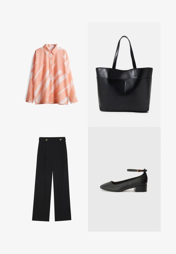 Perzikkleurig shirt met een kraag, lange mouwen en witte geometrische patronen. Zachte, lichte stof met een relaxte pasvorm.; Zwarte wijde broek met hoge taille, knoopdetails op de tailleband en plooien aan de voorkant.; Zwarte leren pump met een spitse neus en een lage blokhak. Beschikt over een enkelband met een goudkleurige gespsluiting. Gladde textuur.; Zwarte leren tote bag met twee lange handvatten, een zachte textuur en een gestructureerde vorm. Voorzien van een voorvak voor extra opslagruimte.