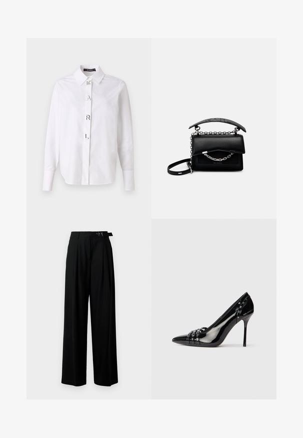 White cotton shirt with a classic collar, featuring decorative letters “K”, “A”, “R”, “L” in silver on the front. Long sleeves, tailored fit.; Black wide-leg trousers with a high waist, pleats at the front, and a belt featuring a buckle. Made from smooth, lightweight fabric.; Black patent leather stiletto heel shoe with pointed toe, three decorative straps with studs, and "Karl Lagerfeld" branding on heel.; Black leather handbag with a structured design, chain and handle accents, and a textured surface. Features a flap closure with branding visible.
