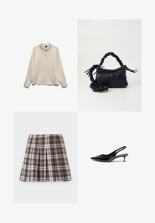 Blusa leggera beige chiaro a maniche lunghe realizzata in tessuto morbido, con colletto a punta, chiusura con bottoni fino in fondo e polsini con un bottone.; Gonna plissettata a quadri marrone e bianco con un design strutturato e una texture netta, caratterizzata da una vita alta e molteplici pieghe verticali.; Tacchi slingback in pelle nera con punta affusolata, piccolo tacco kitten e un dettaglio a nodo decorativo sulla parte anteriore. Texture liscia su tutta la superficie.; Borsa a tracolla in ecopelle nera con texture a coccodrillo, apertura cinchata e tracolla arricciata. Si presenta con un design morbido e compatto.