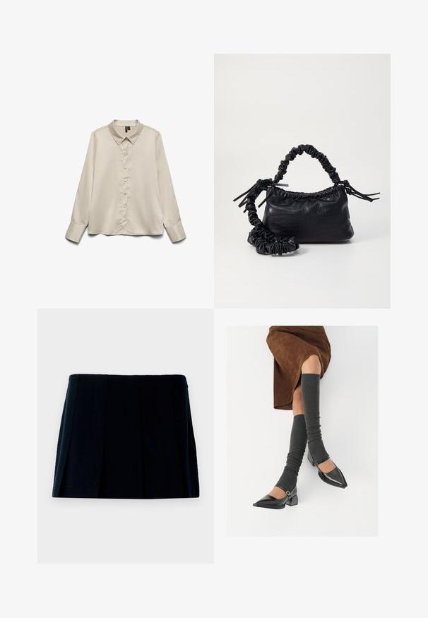 Bluză lungă cu mâneci din bej deschis, realizată dintr-un material neted, având un guler ascuțit, închidere cu butoane pe toată lungimea și manșete cu câte un buton.; Fustă mini plisată neagră din material. Are un tiv drept și multiple pliuri verticale pentru formă și textură.; Pantofi negri din piele lacuită, cu vârful ascuțit, toc bloc și curea la glezna, asortați cu jambiere gri cu nervuri și o fustă din suede maro.; Geantă din faux leather neagră cu textură de crocodil, cu partea superioară strânsă și o curea mototolită. Pare moale și compactă ca design.