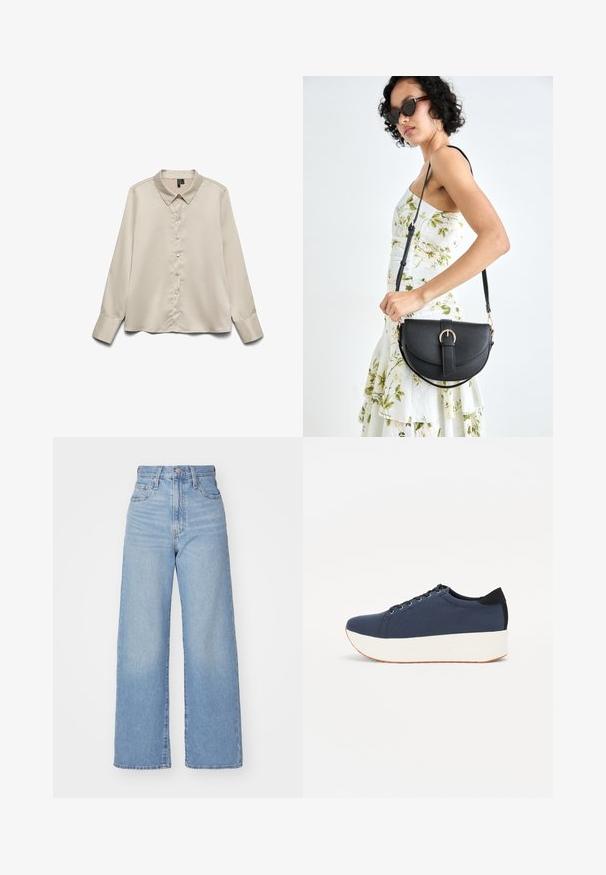 Šviesiai smėlinė ilgo rankovėmis blūzė, pagaminta iš lygaus audinio, su smailiu apykakle, visiškai mygtukų uždarymu ir vieno mygtuko rankogaliais.; Šviesiai mėlynos aukšto liemens plačios kojos džinsai su priekiniais užtrauktukais ir sagom, priekinėmis ir galinėmis kišenėmis, ant baltos fono.; Tamsiai mėlynas sportinis batelis su tekstūruotu audiniu viršuje, baltu platformos padu, apvaliu pirštu ir juodu kulno akcentu.š. Yra šešios skylės raišteliams.; Juodas odinis krepšys su išlenkta forma, nuimamu dirželiu ir auksiniais detalėmis. Krepšys turi kilpą su sagtimi.