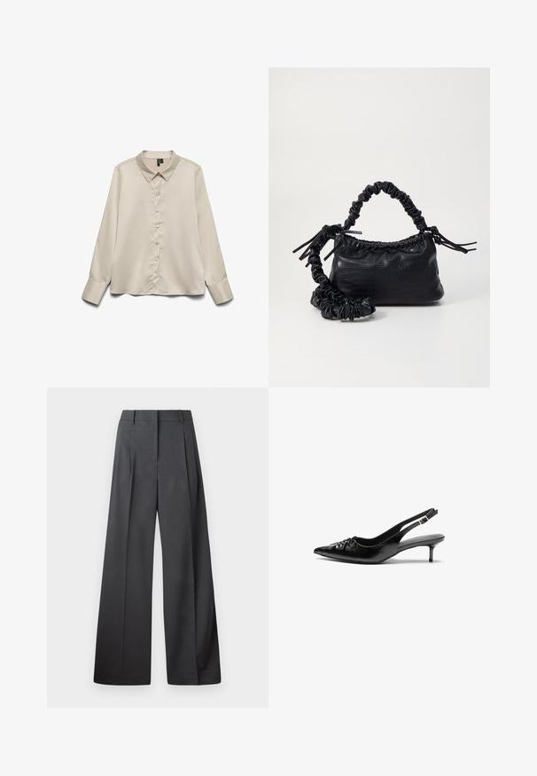 Light beige long-sleeve blouse made of smooth fabric, featuring a pointed collar, full button closure, and single-button cuffs.; Wide-leg trousers in dark gray fabric, featuring a high waist, single pleats, and a smooth texture with a clean finish at the hems.; Black leather slingback heels with a pointed toe, low kitten heel, and gathered detail on the vamp. Smooth texture and minimalist design.; Black faux leather handbag with a crocodile texture, cinched top, and a scrunched strap. Appears soft and compact in design.