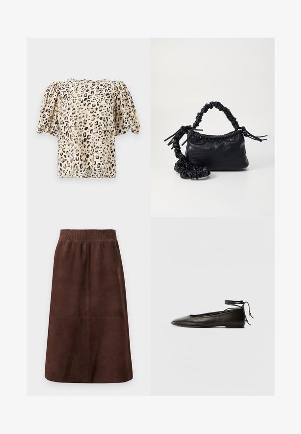 Valkoinen leopardikuosisella lyhythihaisella paitapuserolla. Kankaan pinta on sileä, hihoissa on hieman puffia ja leikkaus on laatikkomainen.; Ruskea mokkavuori hame, jossa on joustava vyötärö, A-linja muoto, sileä pinta ja ei näkyviä kuvioita tai metalliosia.; Musta nahka ballet-flatit, joissa on terävä kärki, nilkkaremmiliitos ja litteä pohja, varustettuna sileällä pinnalla ja minimalistisella muotoilulla.; Must-have mustekahvi nahkalaukku krokotiiliaistalla, kiristetty yläosa ja rypistetty hihna. Näyttää pehmeältä ja kompaktilta muotoilultaan.