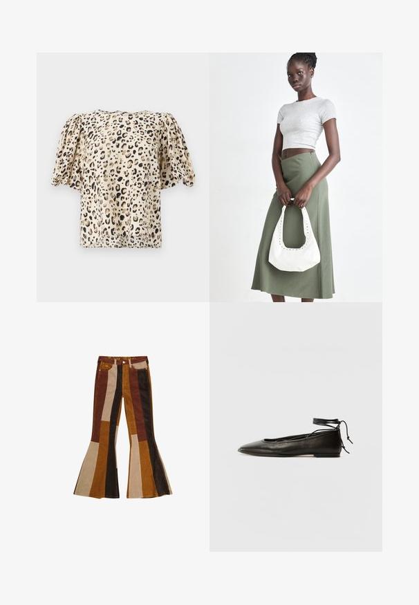 Korte mouwen, beige blouse met een luipaardprint. De stof heeft een gladde textuur, met licht pofferige mouwen en een boxy vorm.; Corduroy flared broeken met verticale strepen in bruin, tan en mosterd. Kenmerkend ontwerp met een hoge taille en vijf zakken.; Zwarte leren balletschoenen met een spitse neus, enkelbandje en platte zool, voorzien van een gladde textuur en minimalistisch ontwerp.; Grijs geribbelde crop top en olijfgroene hoge taille rok. Model houdt een witte schoudertas met uitsparingen vast. Eenvoudig ontwerp, aansluitende silhouet.