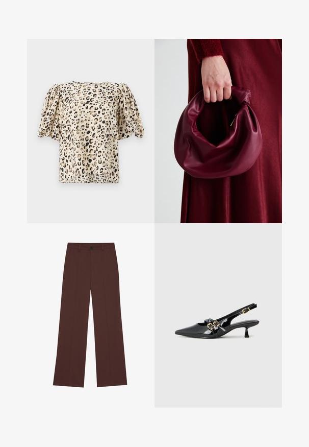 Lühikeste varrukatega beež pluus, millel on leopardimuster. Kanga tekstuur on sile, veidi puhvvarrukatega ja kastikujuline.; Laiad pükstehised rikkalikus pruunis kangas. Omavad nööbikinnitust, kahte eesmist taskut, sujuvat tekstuuri ja puhtaid jooni.; Musta lakknahk slingback kontsad, terava nina, kahekordsed rihmad, mis on varustatud kuldsete kinnitustega ja lühike kitsas konts. Ükslane tekstuur.; Burgundia värvi nahk käekott, millel on pehme, kokku tõmmatav disain ja ümar kuju. Käepide on kindlalt kinnitatud, näidates siledaid pindu.