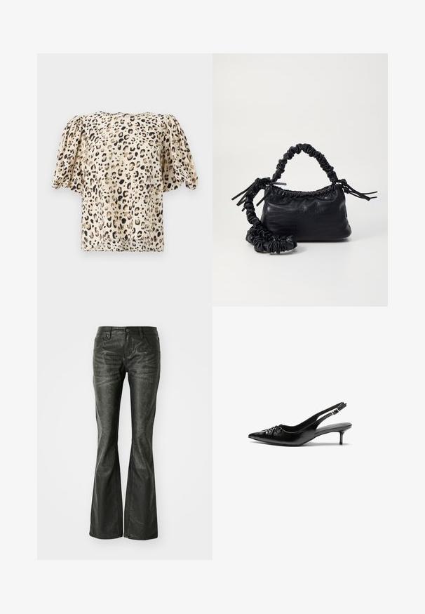 Blouse beige à manches courtes avec un motif léopard. Le tissu a une texture lisse, avec des manches légèrement bouffantes et une coupe carrée.; Jean flare en simili cuir noir avec poches avant, fermeture à bouton métallique et surface légèrement texturée. Jambe droite avec une coupe longue.; Des escarpins en cuir noir à talon slingback, avec un bout pointu, un petit talon kitten et un détail de nœud décoratif à l'avant. Texture lisse sur toute la surface.; Sac à main en simili cuir noir avec une texture crocodile, un dessus resserré et une sangle froncée. A l'apparence douce et compacte.