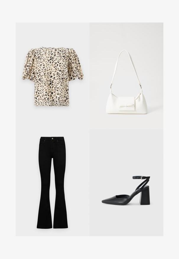 Kurzärmlige, beige Bluse mit Leopardenmuster. Der Stoff hat eine glatte Textur, mit leicht puffierten Ärmeln und einer kastenförmigen Silhouette.; Schwarze hochtaillierte Jeans mit einem Knopf- und Reißverschluss, Fronttaschen und ausgestellten Beinen, flach auf einem weißen Hintergrund ausgelegt.; Schwarze Leder-Pumps mit spitzer Zehe, einem Knöchelriemen und einem blockigen Absatz. Flache Textur, elegantes Design und minimalistische Ästhetik.; Weiße synthetische Handtasche in dreieckiger Form, flache Vorderklappe und Schleifendetail, verstellbarer Trageriemen, glatte Textur und minimalistisches Design.