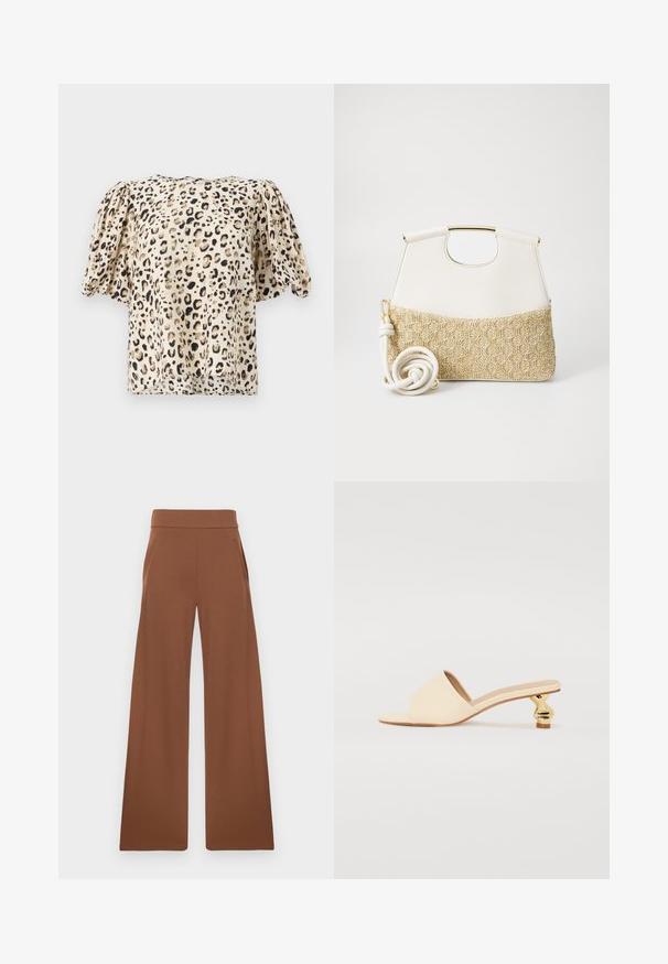 Blusa de manga corta en color beige con estampado de leopardo. La tela tiene una textura suave, con mangas ligeramente abullonadas y un corte cuadrado.; Pantalones de pierna ancha marrones con una tela suave y elástica. Cuentan con una cinturilla alta y bolsillos laterales, diseñados para un ajuste relajado.; RAID ATHENA - Pantuflas - cream; Bolso de mano de piel blanca con un fondo de tejido trenzado en crema texturizado. Cuenta con un asa en tono dorado y una correa blanca enrollada para mayor versatilidad.