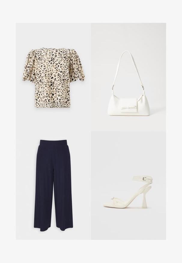 Blusa a maniche corte di colore beige con stampa leopardata. Il tessuto ha una consistenza liscia, con maniche leggermente arricciate e una forma a scatola.; Pantaloni a gamba larga in tessuto navy scuro con una texture a coste. Presentano una vita liscia e una silhouette fluida, che arriva a metà polpaccio.; Sandalo con tacco alto e fasce in pelle bianca, dal design elegante, con un tacco a blocco trasparente e un elemento decorativo sulla punta.; Borsa sintetica bianca a forma triangolare, con patta anteriore piatta e dettaglio a fiocco, tracolla regolabile, texture liscia e design minimalista.