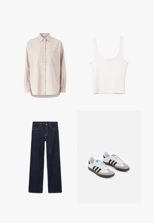 Ellos Collection Button-down blouse - beige; White cotton tank top with a scooped neckline, no sleeves, and a fitted shape. Smooth texture, plain design, and minimal stitching details.; Dark wash denim jeans with a relaxed fit. Features a high waist, five pockets, and contrasting stitching. Straight leg design, no embellishments.; Sport shoes with a white leather upper, gray suede toe, and three black stripes. Features a blue logo on the tongue and a textured rubber sole.