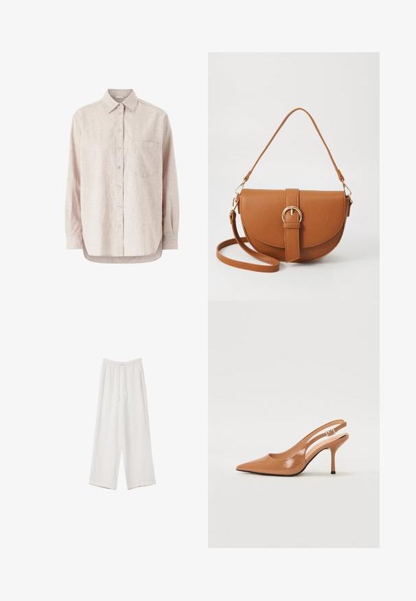 Ellos Collection Košilová halenka - beige; Bílé široké kalhoty vyrobené z lehké tkaniny. Mají elastický pas se šňůrkou a boční kapsy. Hladká textura.; Sandy poprsko s úzkým podpatkem v hladkém, lesklém odstínu tan. Obsahuje zakřivený design s výřezem a štíhlý jehlový podpatek. Detail se stříbrnou sponou.; Hnědá kožená křížová taška s zakřiveným tvarem, zlatými detaily a akcentem s přezkou. Obsahuje odnímatelný popruh na rameno.