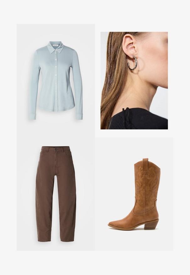 Vaaleansininen pitkähihaine paita, jossa on kauluskot, edessä nappisuljenta ja sileä, teksturoitu kangas. Ominaisuuksia ovat muotoiltu istuvuus ja hihansuut.; Ruske su ravne hlače s prednjim dugmetom i zatvaračem, petljama za remen i bočnim džepovima, prikazane na bijeloj pozadini.; Ruskean nahkainen cowboy-saapas, jossa on terävä kärki, brodeeratut pyörteiset kuviot varressa ja kerroslohko korko. Varustettu nostonipulla helpottamaan pukemista.; Hopea renkaankorvakoru kiiltävällä pinnalla, jossa on pieniä kultaisia yksityiskohtia ja pyöreä muoto, käytetty korvalla.