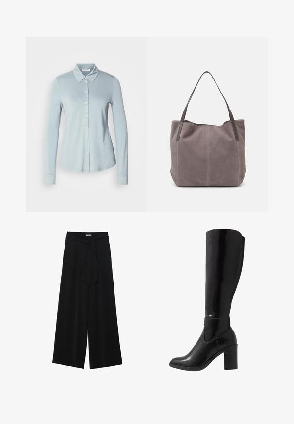 Light blue long-sleeve shirt with a collared neck, front button closure, and smooth, textured fabric. Features tailored fit and cuffed sleeves.; Black wide-leg pants featuring a textured fabric, an elastic waistband, and a detachable sash tie at the waist for adjustable fit.; Knee-high black glossy heeled boots with a rounded toe, smooth texture, side cutout detail, and a chunky stacked heel.; Gray suede tote bag with two dark leather handles. Features stitched detailing on the sides, soft texture, and a spacious opening.; Silver hoop earrings with a minimalist design. Circular shape, smooth texture, and thin profile. Lightweight with a polished finish.