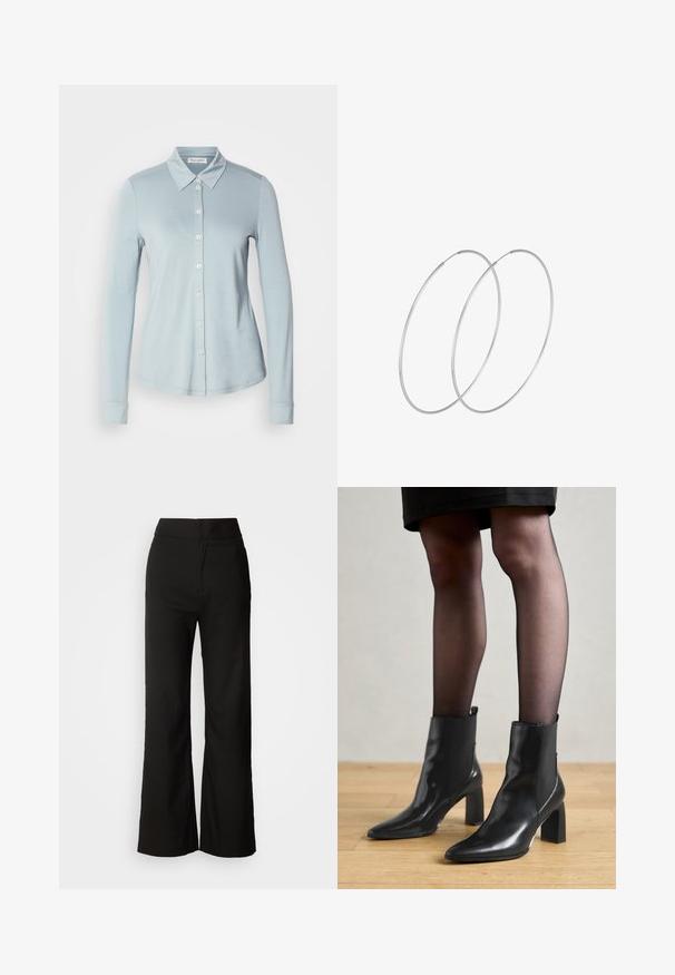 Light blue long-sleeve shirt with a collared neck, front button closure, and smooth, textured fabric. Features tailored fit and cuffed sleeves.; Black wide-leg trousers with a smooth texture, high waist, and a clean design. No visible pockets or embellishments.; Black leather ankle boots with a pointed toe, chunky square heel, and sleek design. Features elastic side panels for easy wear.; Silver hoop earrings with a minimalist design. Circular shape, smooth texture, and thin profile. Lightweight with a polished finish.