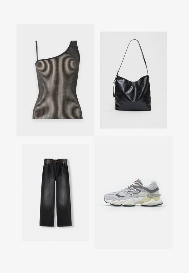 Top na jedno rameno s žebrovaným designem v černé a zlaté barvě, s tenkými ramínky, s těsným střihem a jemným leskem.; Bershka Široké džíny - black; Šedé semišové a síťované tenisky s tlustou bílou a béžovou podešví, vyznačující se výrazným bílým logem a červenými akcentními detaily.; Černá kožená kabelka přes rameno s měkkým, texturovaným povrchem. Má zakřivený design a jeden nastavovací popruh. Bez dalšího kování.